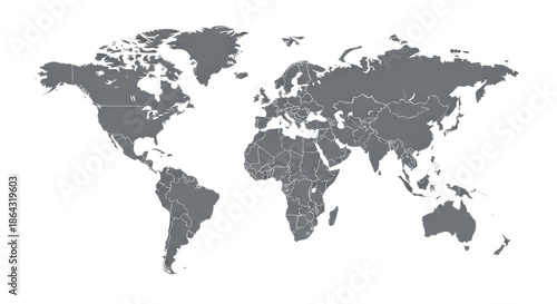 A precise, highly detailed vector world map with solid grey landmasses, white oceans, and fine grey country outlines, centered on a transparent background with copy space, concept of global data
