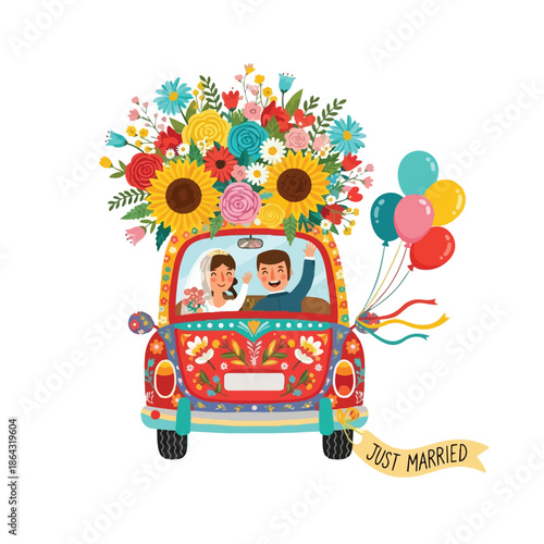 Colorful wedding car decorated with flowers and balloons carrying happy bride and groom waving just married banner