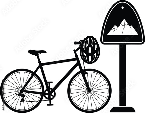 Bicycle Outdoor Adventure Illustrator Vector - Bike, Helmet, and Mountain Road Sign Set
