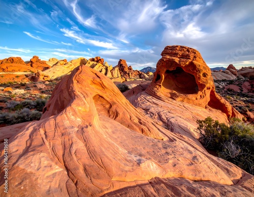 Eroded sandstone formations under a vibrant sky with wispy clouds during golden hour. Desert plants dot the arid landscape
