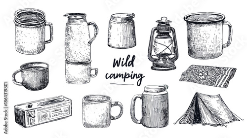 Vintage Hand Drawn Camping Equipment Set. Monochrome Sketch Collection of Outdoor Gear including Mugs, Lantern, Tent, and Stove.