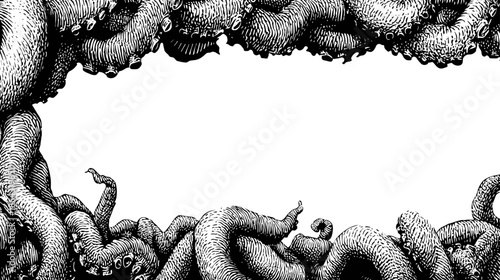 Detailed black and white illustration of mysterious octopus tentacles forming a dramatic decorative frame border with copy space.