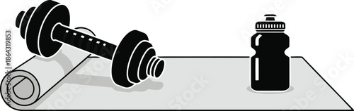Gym Fitness and Workout Illustrator Vector - Dumbbell, Yoga Mat, and Water Bottle Set