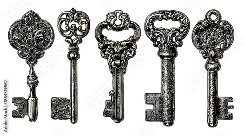 Collection of five antique skeleton keys, vintage ornate decorative metal key set, old classic intricate design, isolated.