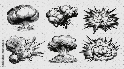 Hand Drawn Explosion Illustrations Set. Vintage Comic Book Style Blast Effects, Smoke, and Mushroom Clouds on Textured Background.
