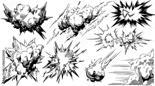 Dramatic Hand-Drawn Comic Book Style Explosion Bursts, Smoke Clouds, Impact Effects, and Speed Lines Vector Illustration Set