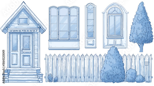 Blue Sketch Vector Set of Architectural & Garden Elements: House Front, Diverse Windows, Picket Fence, and Shrubs