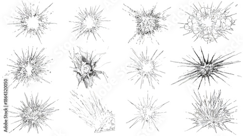 Collection of various shattered glass cracks, broken window textures, and impact holes. Transparent damage overlay set.