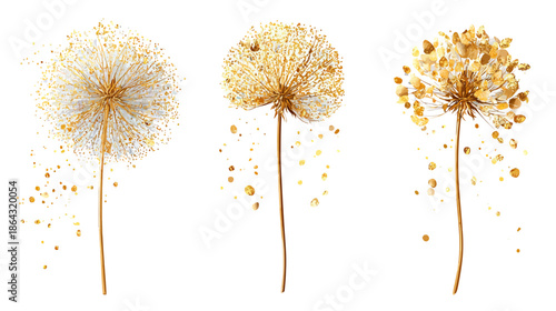 Three Golden Abstract Dandelion Seed Heads with Sparkling Glitter Particles Isolated on White Background
