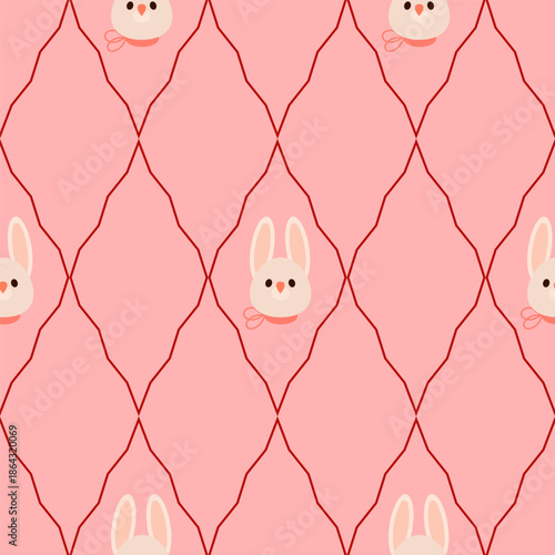 Cute Easter Bunny Heads Pink Argyle Seamless Pattern