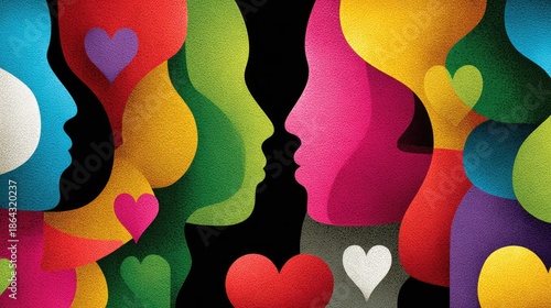 Vibrant Silhouette Art: Abstract Faces and Colorful Heart Symbols in Modern Design