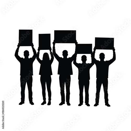 Diverse Silhouettes Holding Blank Signs: Protest, Activism, Collective Expression, Blank Message Boards
