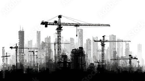 Abstract monochrome city skyline with numerous construction cranes. Urban development, building, and industrial progress.