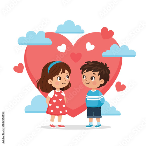 Cute cartoon boy and girl with heart shapes and blue clouds smiling and looking at each other in valentine day love concept