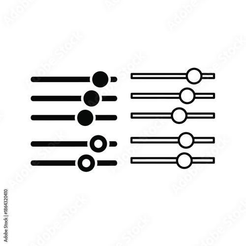 Black line icons: adjustable sliders, control knobs, and toggles on white background - UI elements