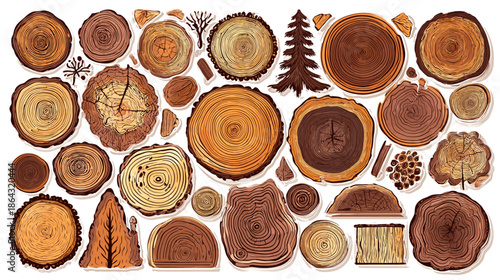 Diverse Wood Slices and Tree Stumps Collection with Visible Annual Rings, Natural Textures, and Forest Elements on White Background