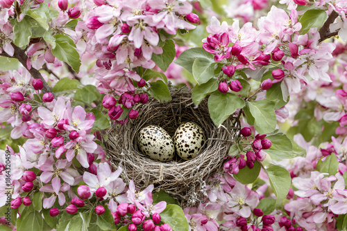Bird nest with eggs in flowering tree during spring season in a garden