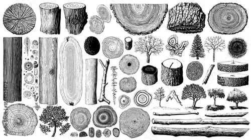 Vintage Engraved Wood Elements Set: Tree Cross-Sections, Logs, Stumps, and Branches - Hand Drawn Natural Forest Illustrations