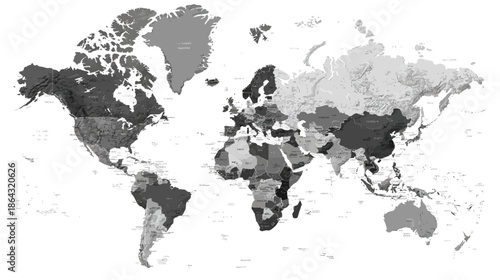 Grayscale Political World Map Illustration Showing All Countries Isolated on White Background for Global Concepts and Data