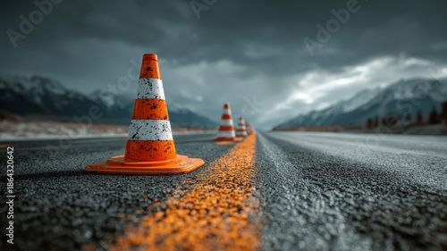 A row of orange and white traffic cones are on a road