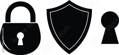 Cyber Security and Data Protection Icon Set - Padlock, Shield, and Keyhole Silhouette