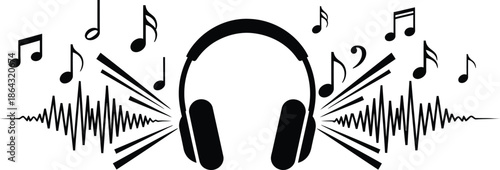 Headphones with Music Notes and Sound Waves Vector Illustration - Audio and Entertainment Concept