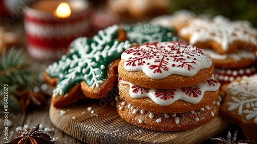 A tray of Christmas cookies with a green and white snowflake cookie on top