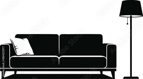 Modern Living Room Sofa and Floor Lamp Silhouette Vector Illustrator
