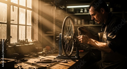 Craftsman working on bicycle wheel repair.