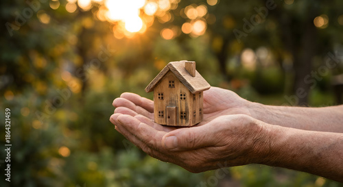 Senior hands holding wooden house model, real estate insurance concept, eco friendly home protection, warm sunset nature background, property investment, retirement planning, miniature toy, mortgage.