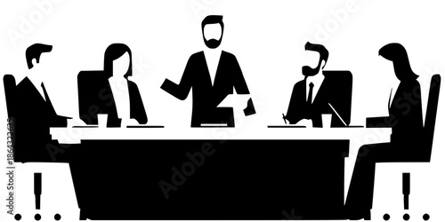 A black and white silhouette illustration of a business meeting with five people around a conference table, one person standing and presenting.