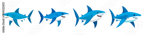 Abstract blue and white background illustration featuring a dangerous shark silhouette and marine fish swimming underwater in the deep ocean nature