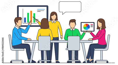 A group of business professionals conducting a meeting and presentation with charts and graphs in an office setting.