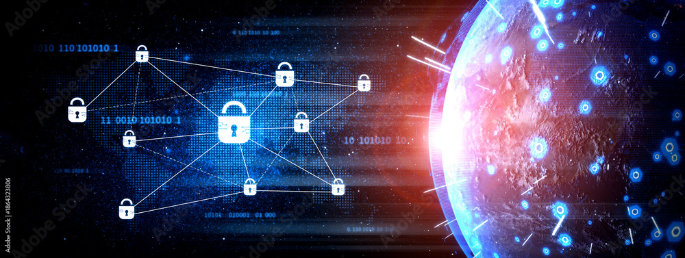 Fototapeta premium Cyber security protection and cyber security strategies against cyber threats, system hacks, digital breaches, network attacks, and safeguarding data with strong cyber security infrastructure. Spline