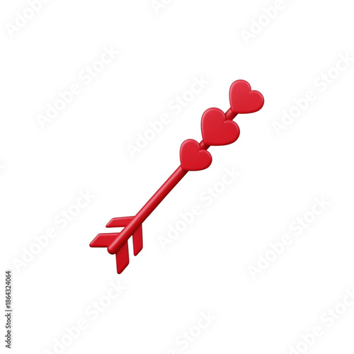 Red 3D Arrow with Three Hearts on White Background love cupid isolated on a transparent background