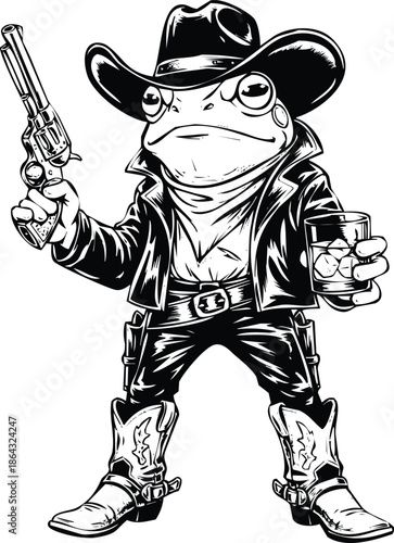 Frog cowboy with gun and drink