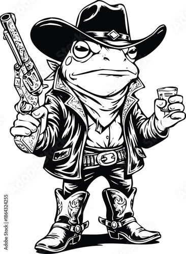 Frog cowboy with gun and drink