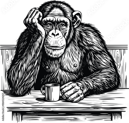 Thoughtful chimpanzee with coffee