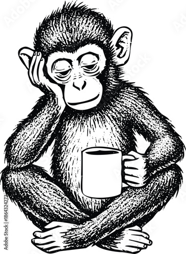 Thoughtful monkey with coffee