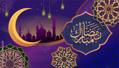 Beautiful vector illustration for Ramadan Mubarak. This elegant design features a dark purple background decorated with a golden crescent moon, a silhouette of a mosque, hanging traditional lanterns, 