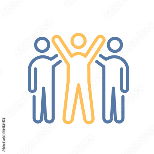 Person being celebrated by two others icon. Success, recognition, encouragement. Vector thin line illustration, editable stroke