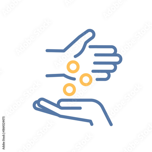 Coins donation between hands icon. Charity, giving, help, support, generosity. Vector thin line illustration. Editable stroke.