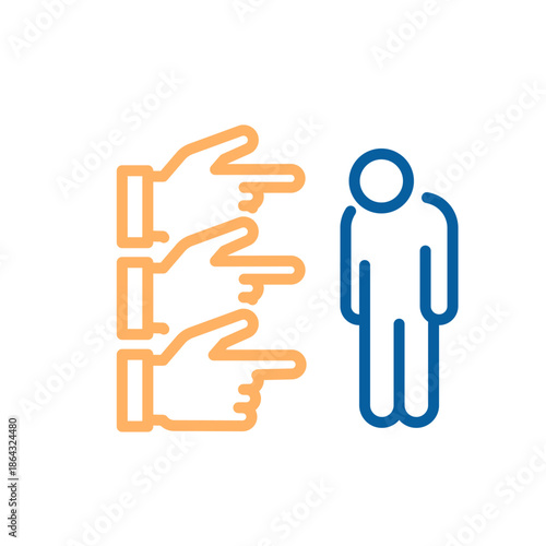 Blame and bullying icon. Vector thin line illustration with editable stroke for guilt, social pressure, exclusion, mental abuse and accusation concepts. Fingers pointing to person