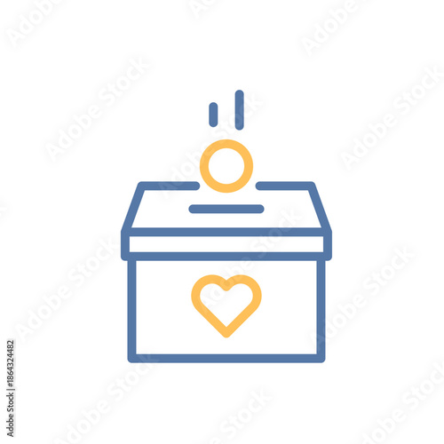 Donation box with heart and coin icon. Money contribution, charity support, giving back, kindness act. Vector thin line illustration. Editable stroke.