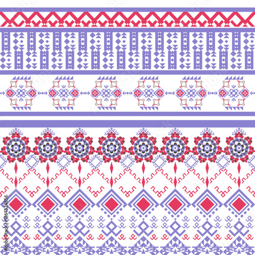 seamless vector patterns featuring vintage pink flower textures and geometric ethnic ornament designs for Christmas textile wallpaper, scrapbook art decoration, Native American tribal fabric.