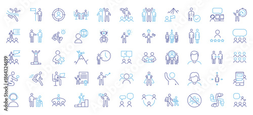 Teamwork, actions, leadership and human interactions icon set. Thin line editable stroke icons for collaboration, motivation, communication, success, business growth, and human resources management.
