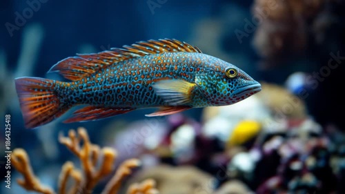 Colorful fish swims near coral reef underwater environment