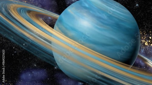 Cosmic view a luminous planet with rings against a starry background