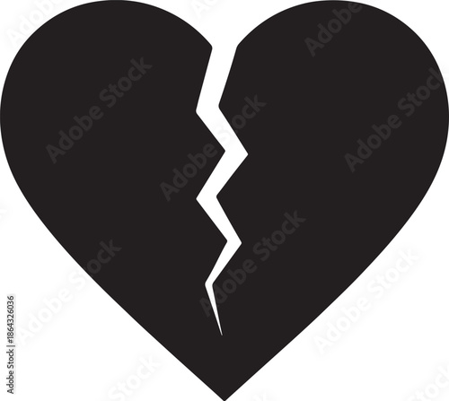 Black heart shape with a jagged crack down the middle also transparent background split