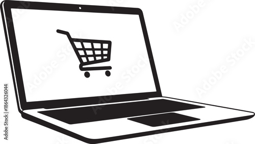 Open laptop with black shopping cart on screen also transparent background